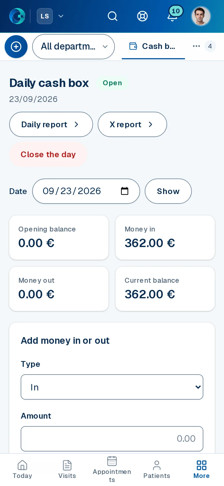 The Cash box screen in OPALEVI