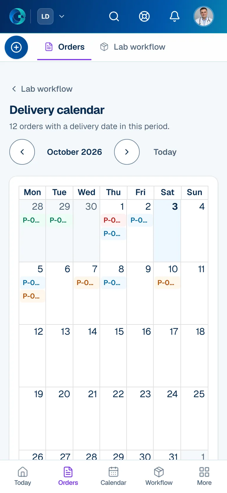 The delivery calendar in OPALEVI: a month grid in which each day lists its orders by code and clinic, coloured by status.