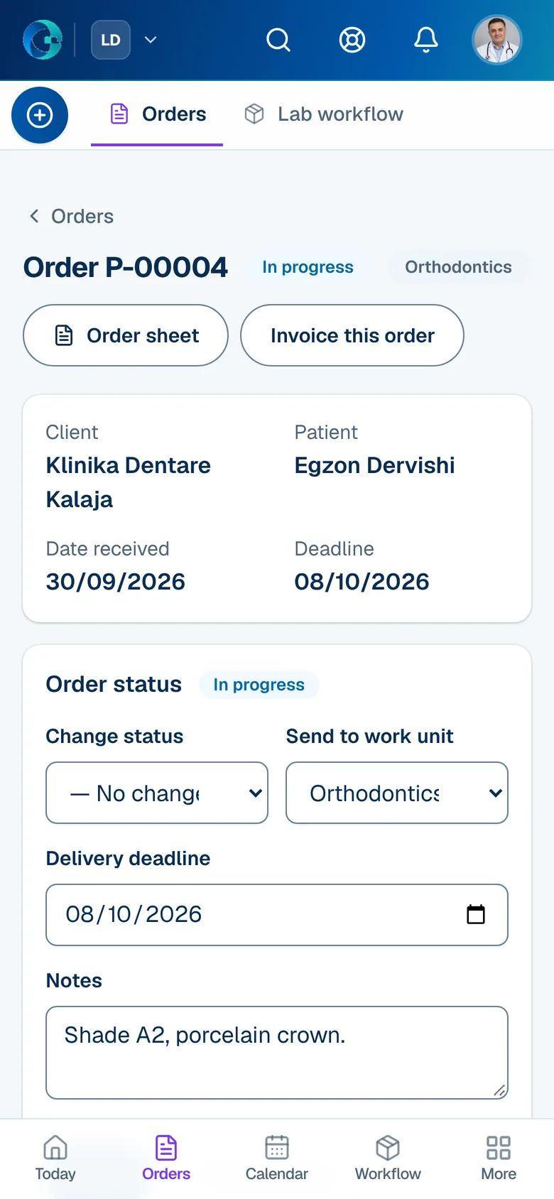 An order in OPALEVI: client, patient, date received and deadline across the top, the order status with a note reading “Shade A2, porcelain crown” on the left, and the work stages to add on the right.