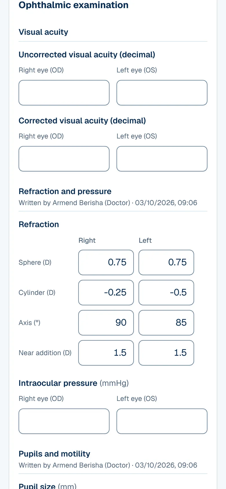 The Ophthalmology screen in OPALEVI
