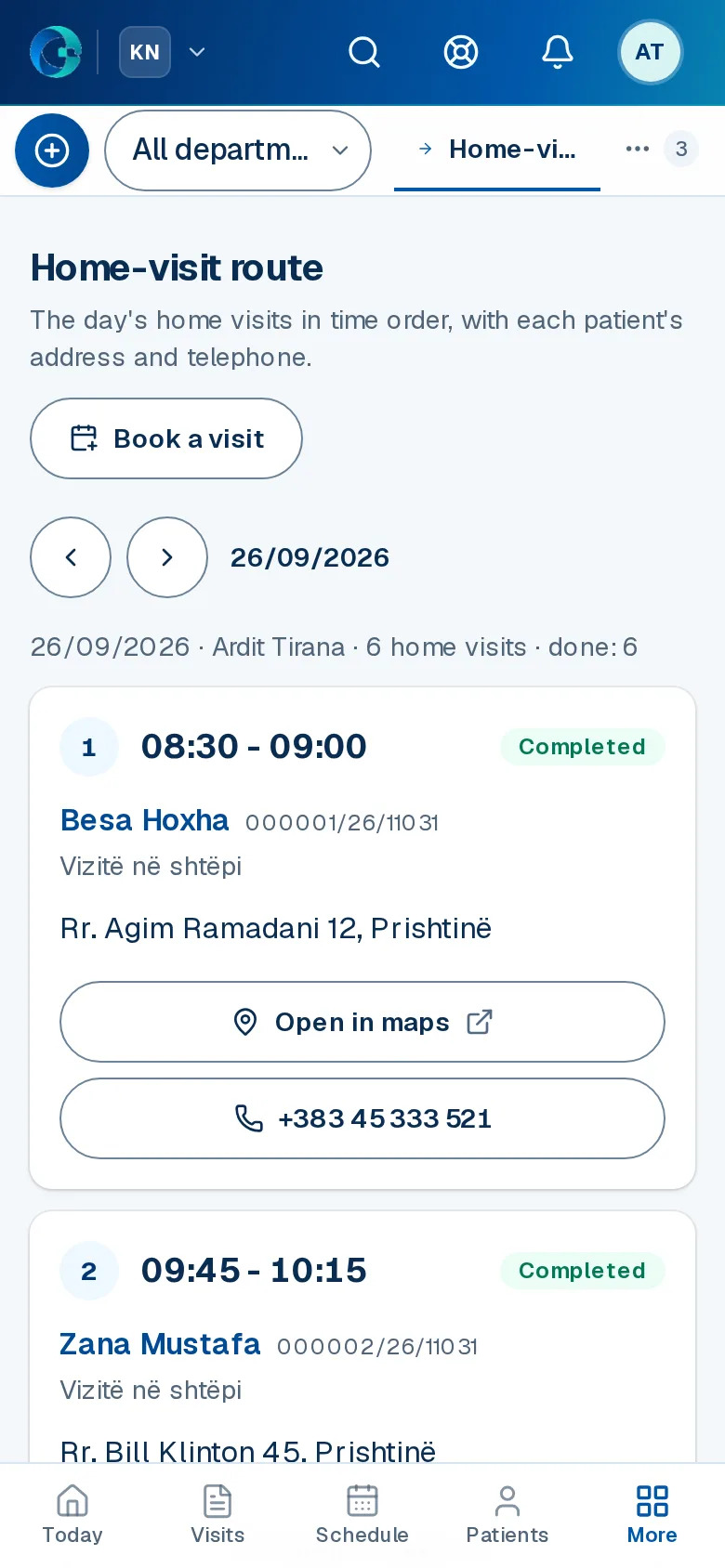 The Home-visit route screen in OPALEVI