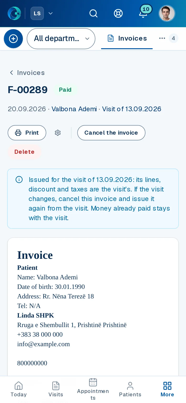 The Invoicing screen in OPALEVI