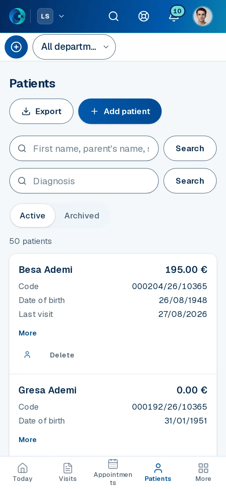 The Patients screen in OPALEVI