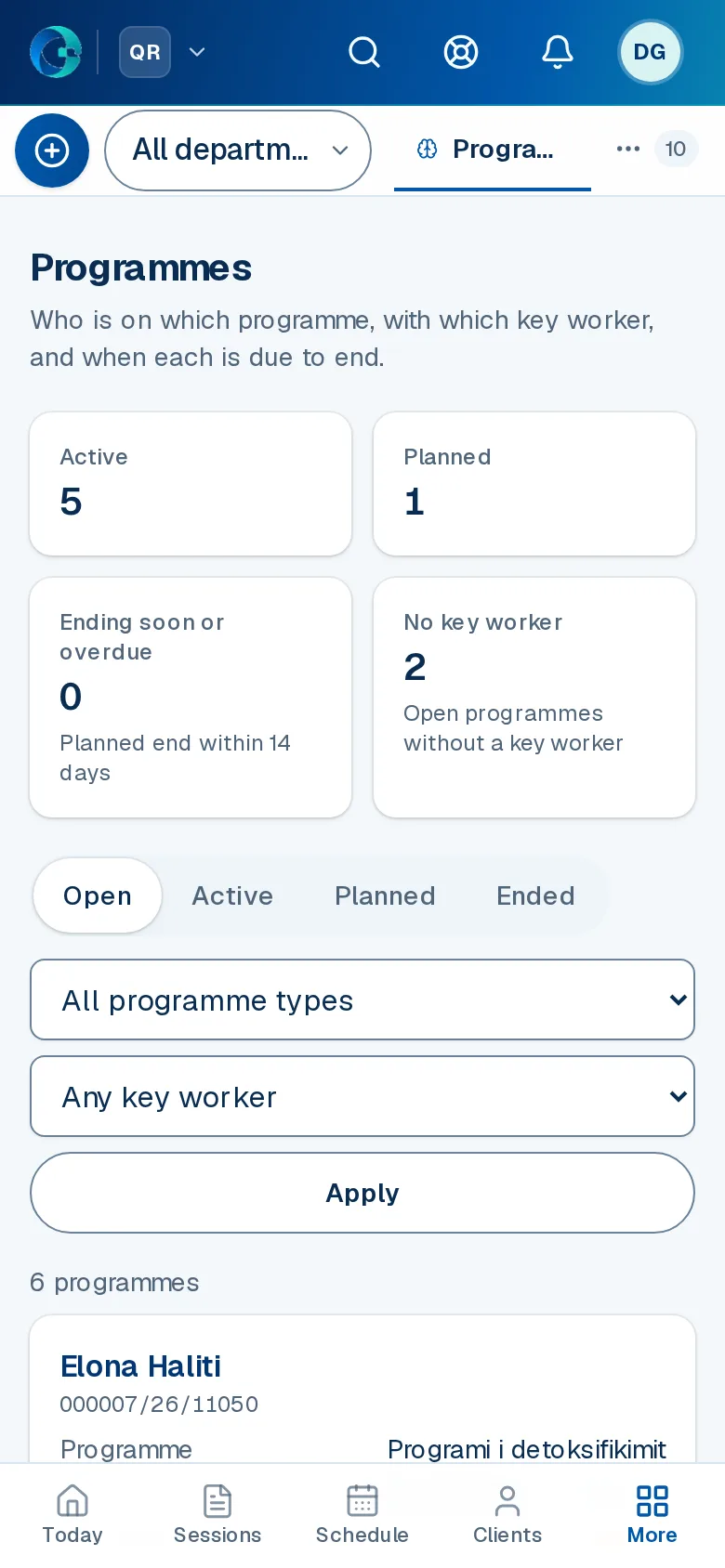 The Programmes screen in OPALEVI