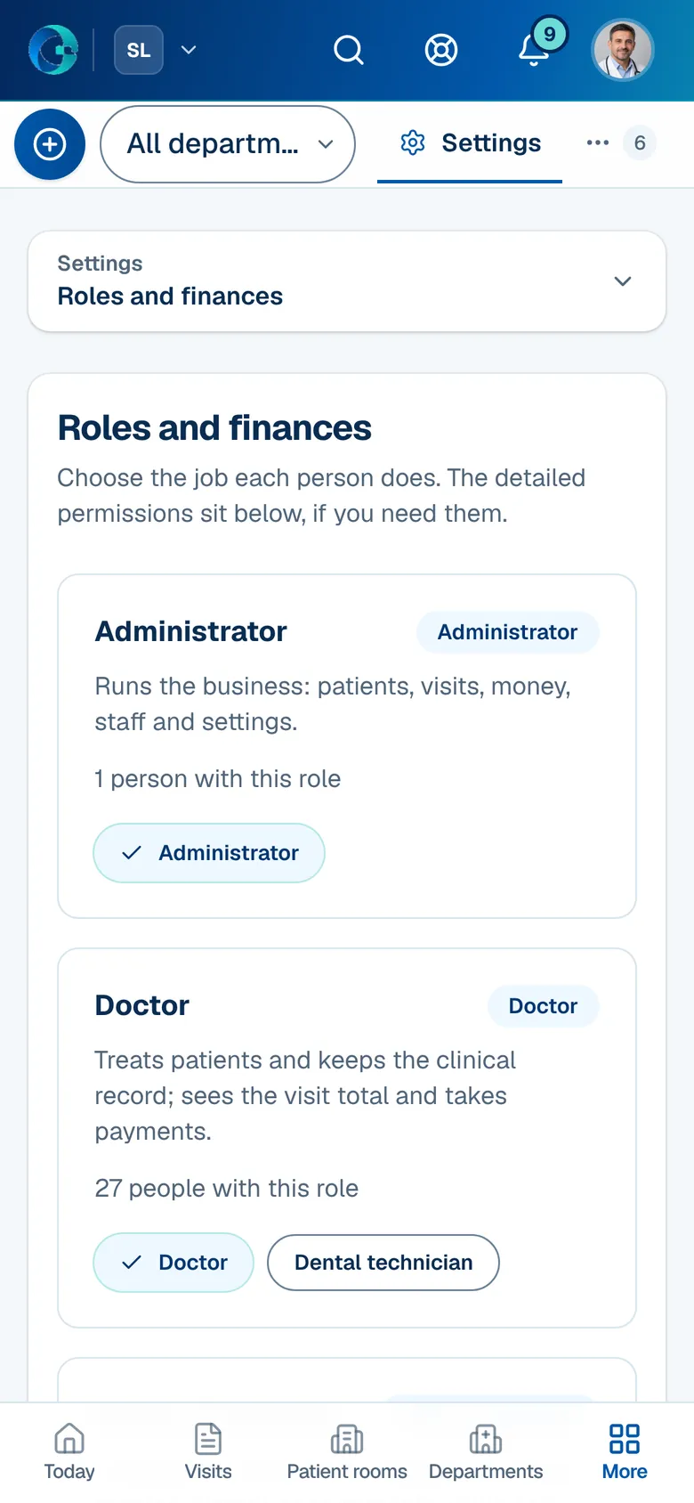 Roles and finances in OPALEVI's settings: cards for Administrator, Doctor, Nurse or Assistant, Reception and Finance or Accounting, each with a one-line description and how many people hold it.