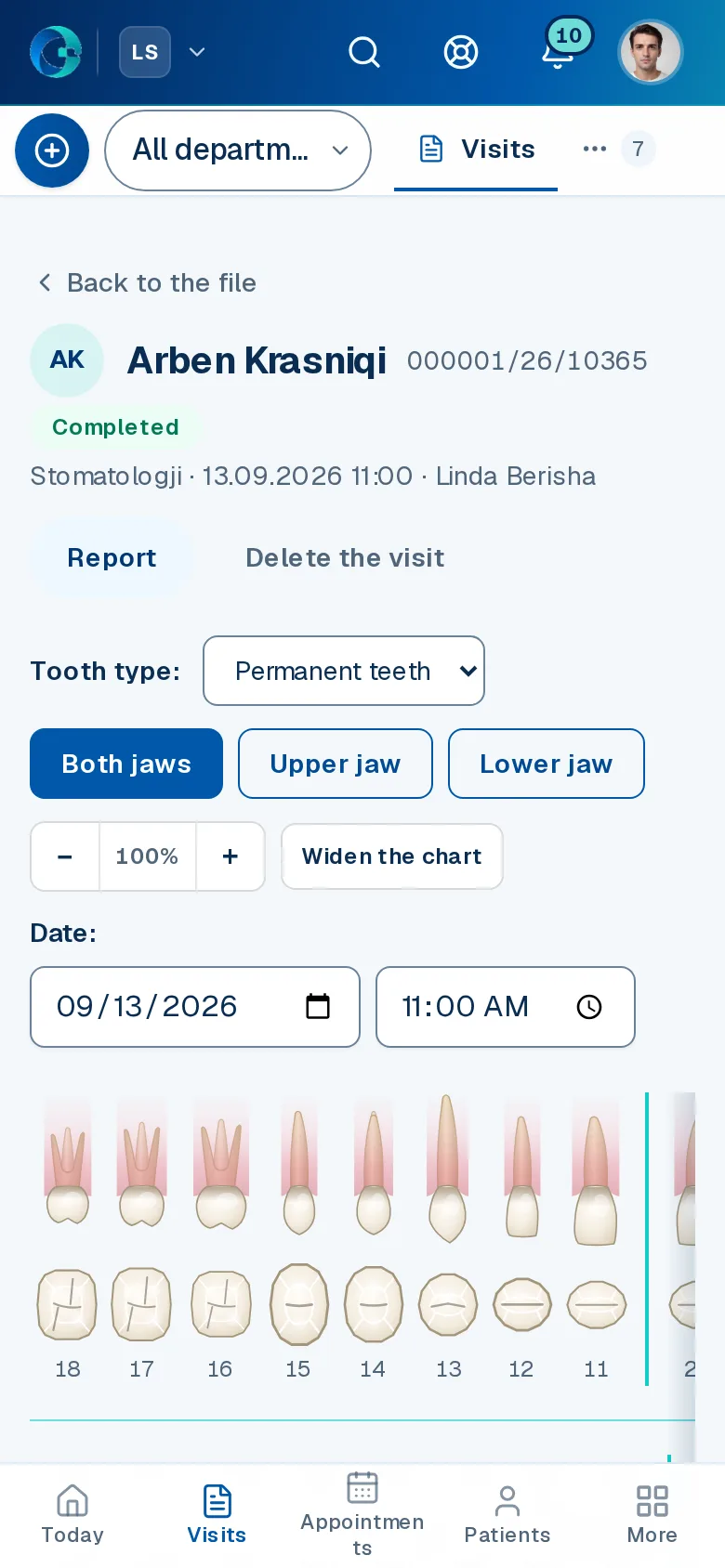 The Dentistry screen in OPALEVI