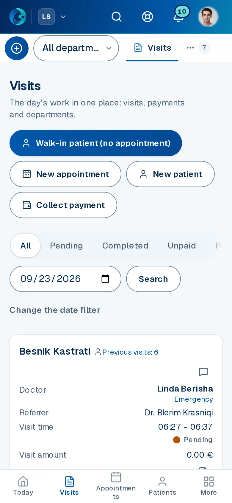 The Visits screen in OPALEVI