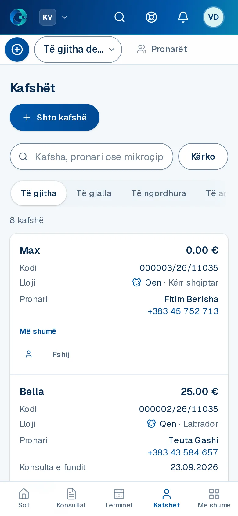 Ekrani «Pacientët» në OPALEVI