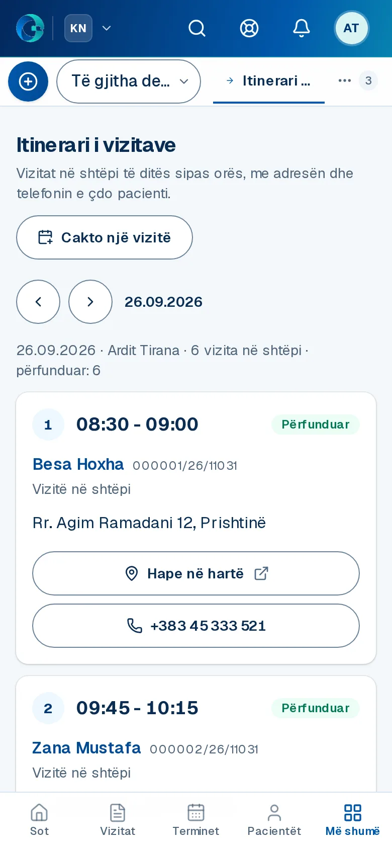Ekrani «Itinerari i vizitave» në OPALEVI