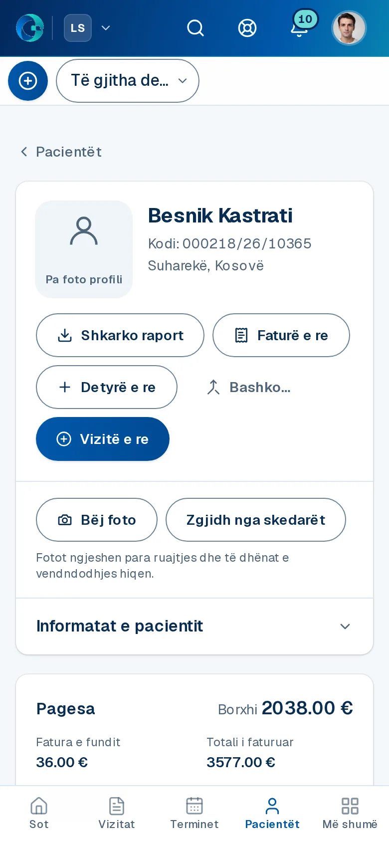 Ekrani «Pacientët» në OPALEVI