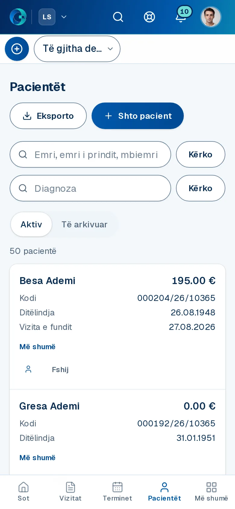 Ekrani «Pacientët» në OPALEVI