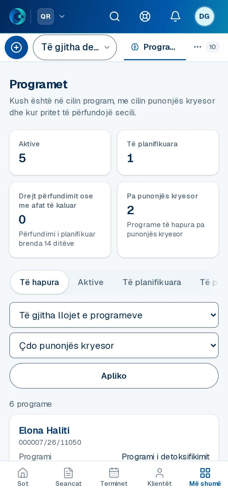 Ekrani «Programet» në OPALEVI